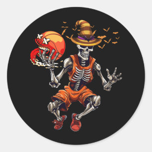 Pegatina Redonda Halloween Basketball Skeleton Dunking Jack O Lante