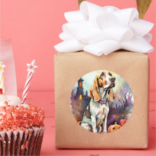 Pegatina Redonda Halloween Basset Hound Con Calabazas Asustadas