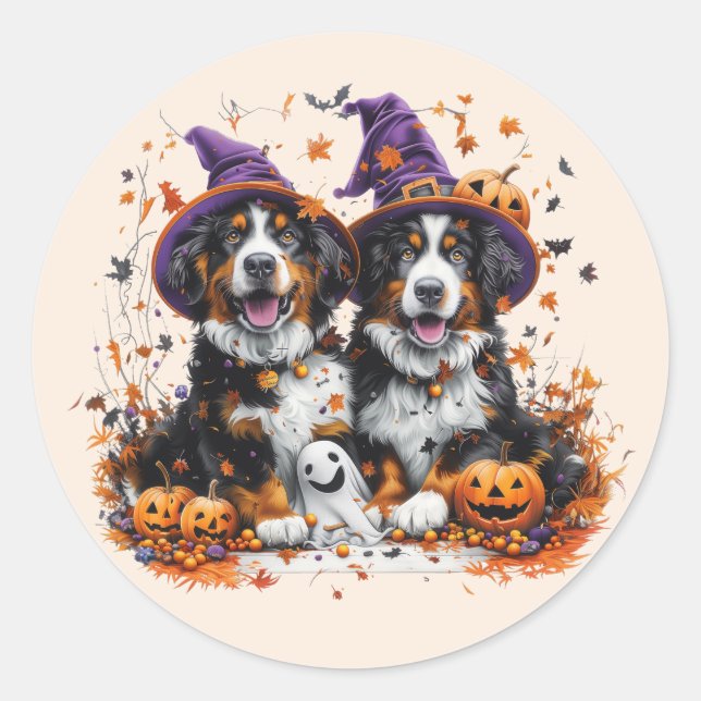 Pegatina Redonda Halloween Bernese Mountain Dogs Witch Ghost (Anverso)