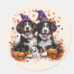 Pegatina Redonda Halloween Bernese Mountain Dogs Witch Ghost