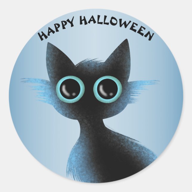 Pegatina Redonda Halloween Big Eyes Black Blue Evil Cat (Anverso)