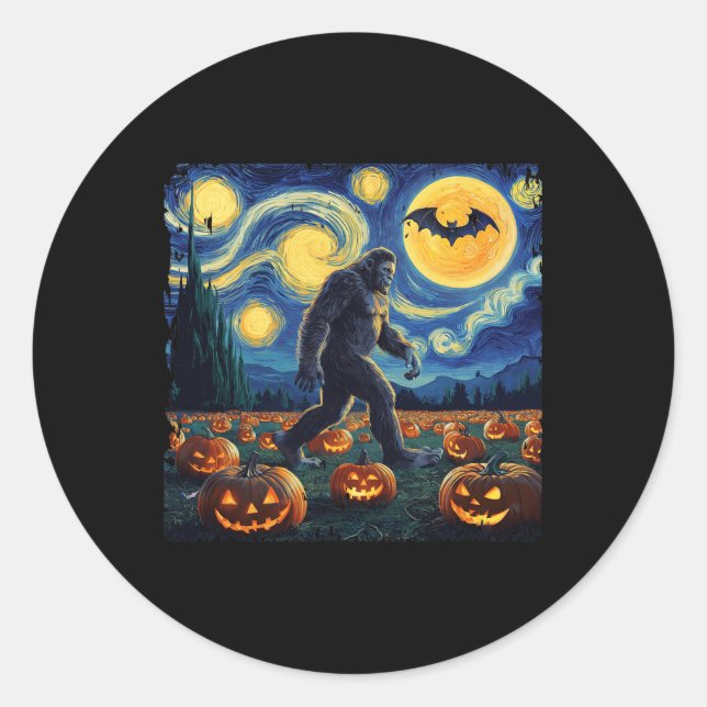 Pegatina Redonda Halloween Bigfoot Starry Night Van Gogh (Anverso)