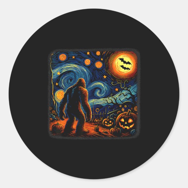 Pegatina Redonda Halloween Bigfoot Starry Night Van Gogh Sasquatch  (Anverso)