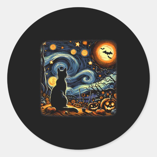 Pegatina Redonda Halloween Black Cat Van Gogh Starry Night Cat Love (Anverso)
