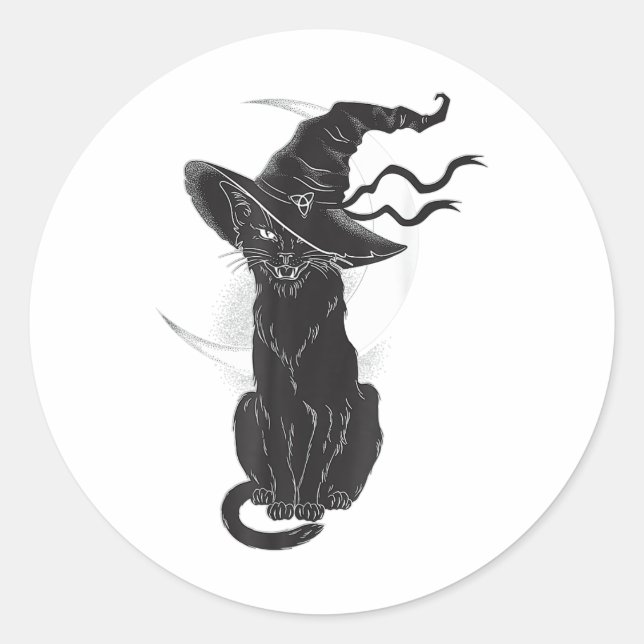 Pegatina Redonda Halloween Black Cat Witch Gorra Moon (Anverso)