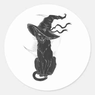 Pegatina Redonda Halloween Black Cat Witch Gorra Moon