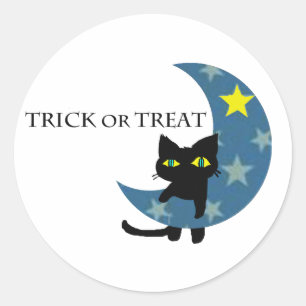 Pegatina Redonda Halloween Black Cat y Ster Moon