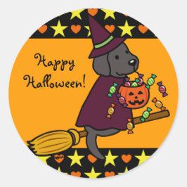 Pegatina Redonda Halloween Black Labrador y Broom Stars