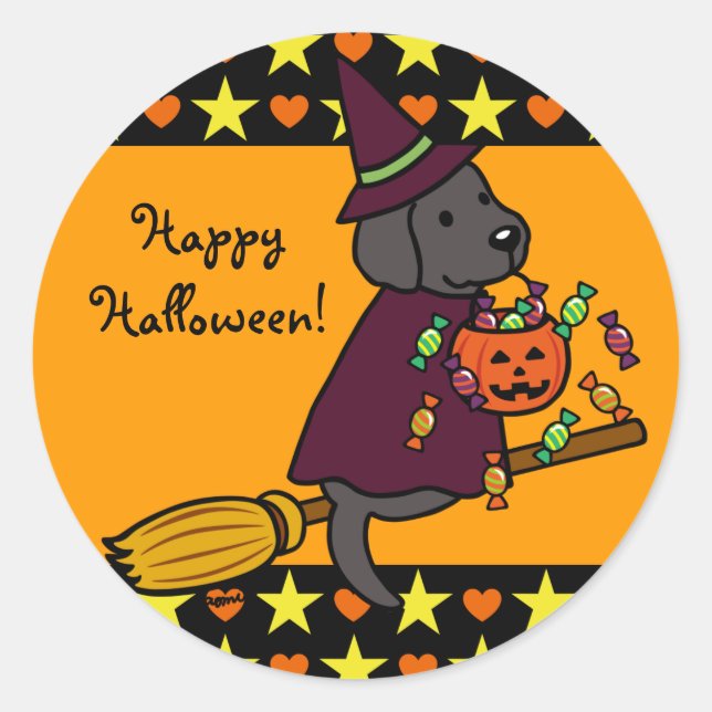 Pegatina Redonda Halloween Black Labrador y Broom Stars (Anverso)