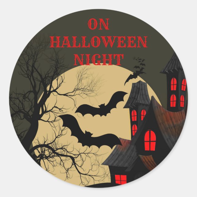 Pegatina Redonda Halloween Black Red Hauned House Bat Full Moon (Anverso)