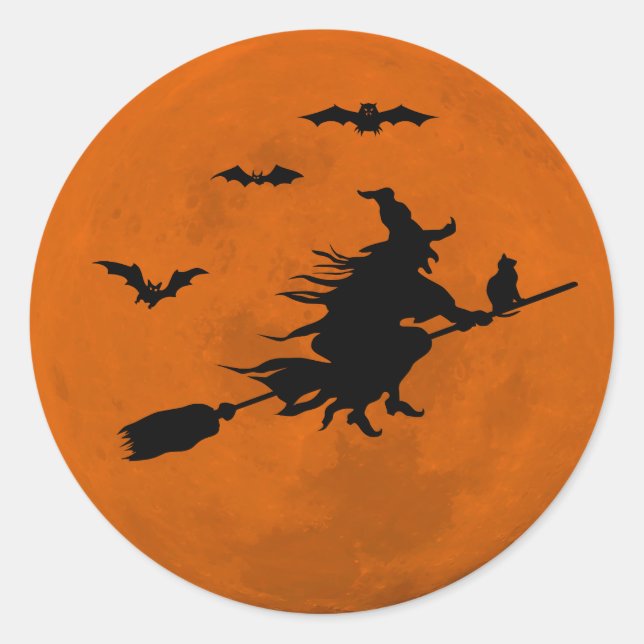 Pegatina Redonda Halloween Black Witch Flying Naranja Moon (Anverso)