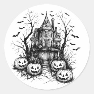 Pegatina Redonda Halloween blanco y negro de la casa embrujada