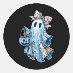 Pegatina Redonda Halloween Blue Denim Boo Ghost Floral Coquette Fal