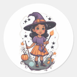 Pegatina Redonda Halloween, bruja 10 bebé, bruja linda, vacaciones
