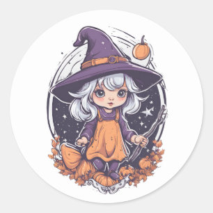 Pegatina Redonda Halloween, bruja 3 bebé, bruja linda, vacaciones d