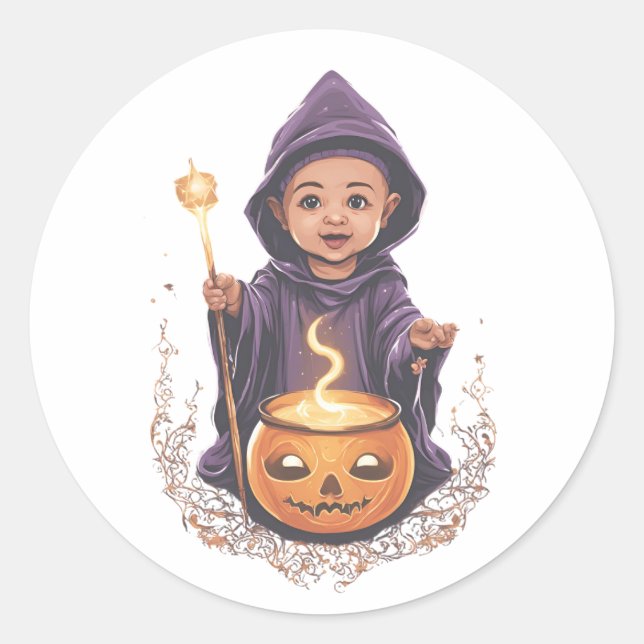 Pegatina Redonda Halloween, bruja 6 bebé, bruja divertida, diversió (Anverso)