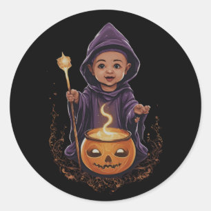 Pegatina Redonda Halloween, bruja 6 bebé, bruja divertida, diversió