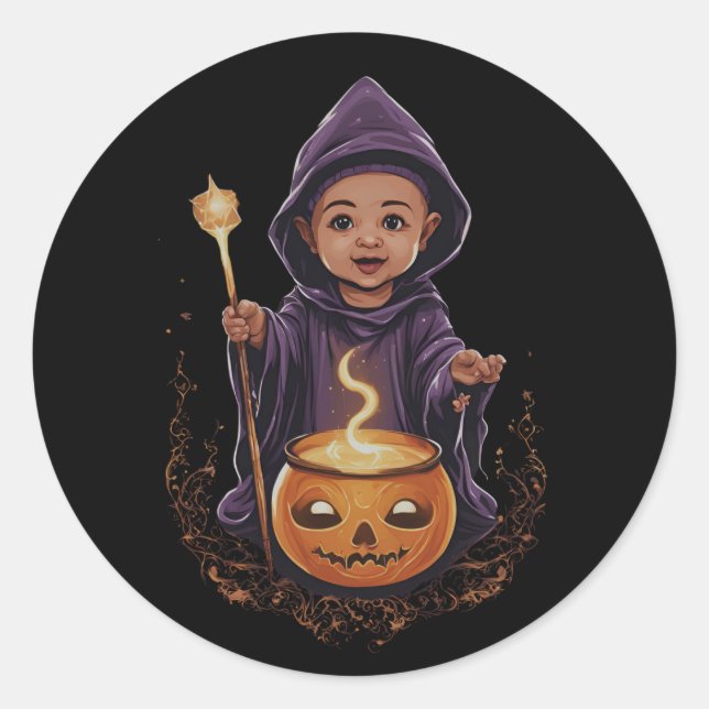 Pegatina Redonda Halloween, bruja 6 bebé, bruja divertida, diversió (Anverso)