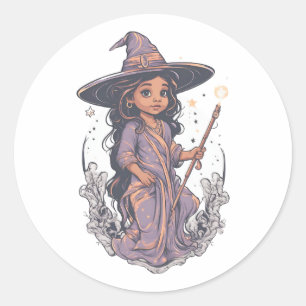 Pegatina Redonda Halloween, bruja 7 bebé, bruja divertida, para los
