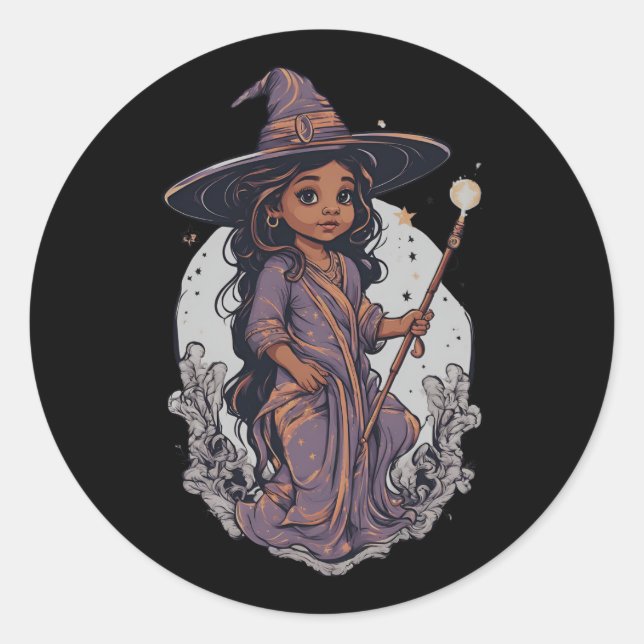 Pegatina Redonda Halloween, bruja 7 bebé, bruja divertida, para niñ (Anverso)