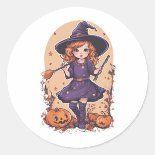 Pegatina Redonda Halloween, bruja 9 bebé, bruja linda, vacaciones d