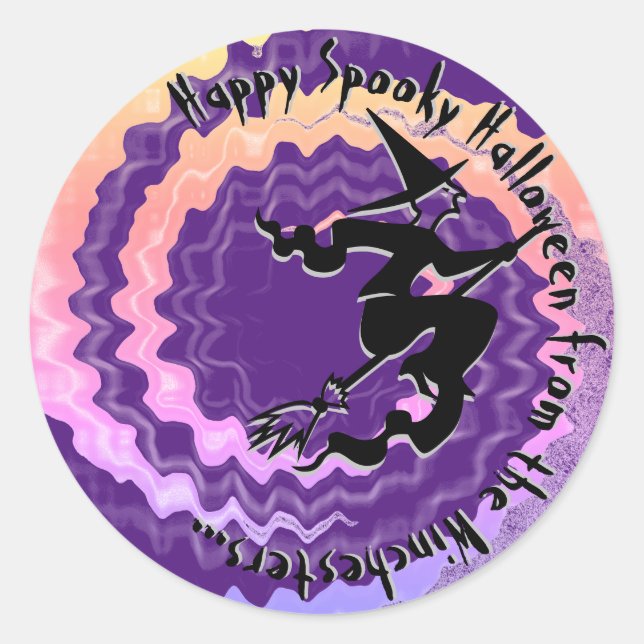 Pegatina Redonda Halloween bruja violeta voladora magia hechizo div (Anverso)