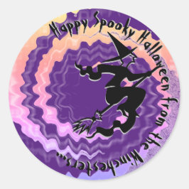 Pegatina Redonda Halloween bruja violeta voladora magia hechizo div