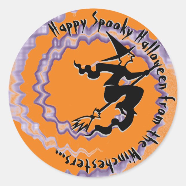 Pegatina Redonda Halloween bruja voladora magia hechizo naranja de  (Anverso)