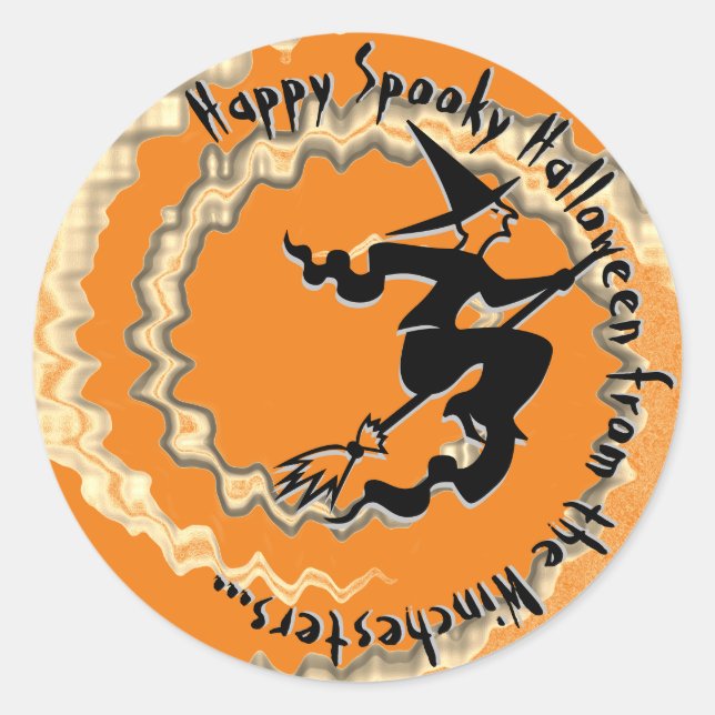 Pegatina Redonda Halloween bruja voladora magia hechizo naranja div (Anverso)