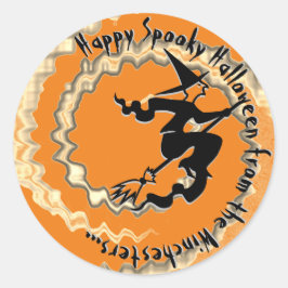 Pegatina Redonda Halloween bruja voladora magia hechizo naranja div