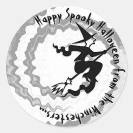 Pegatina Redonda Halloween bruja voladora magia hechizo personaliza