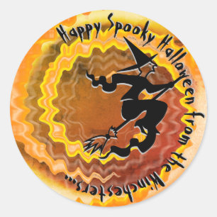 Pegatina Redonda Halloween bruja voladora magia hechizo personaliza