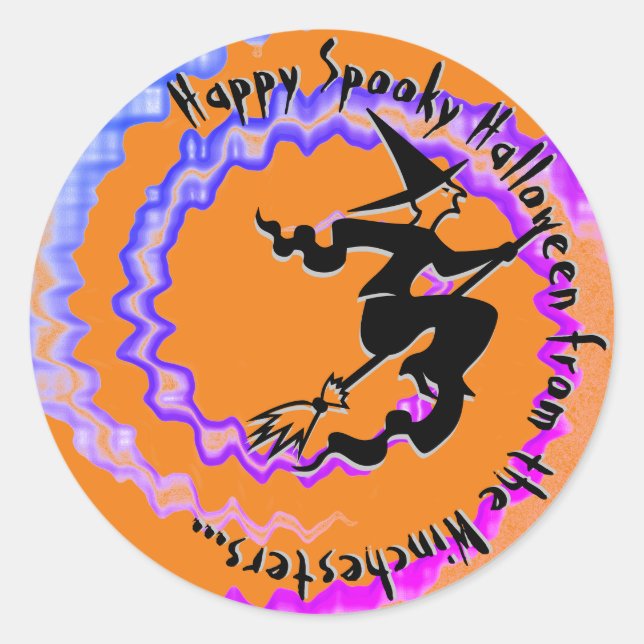 Pegatina Redonda Halloween bruja voladora magia hechizo personaliza (Anverso)