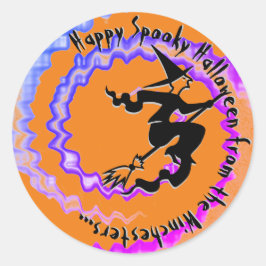 Pegatina Redonda Halloween bruja voladora magia hechizo personaliza