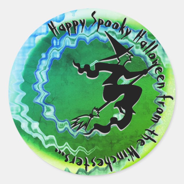 Pegatina Redonda Halloween bruja voladora personalizado magia hechi (Anverso)