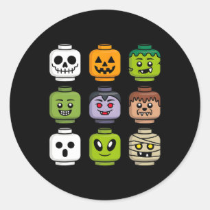 Pegatina Redonda Halloween Building Brick Head Pumpkin Ghost Zombie