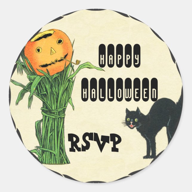 Pegatina Redonda HALLOWEEN CABEZA DE PUMPKIN Cornstalk y gato negro (Anverso)