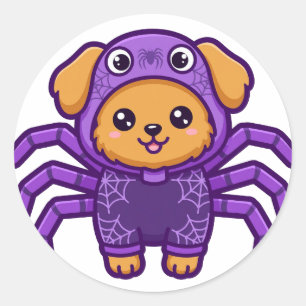 Pegatina Redonda Halloween Cachorro Araña Adorable