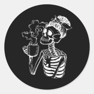 Pegatina Redonda Halloween Café Bebiendo Skeleton Teacher Lazy Di