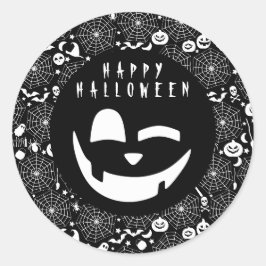 Pegatina Redonda Halloween Calabaza Negra y Blanca Face Feliz