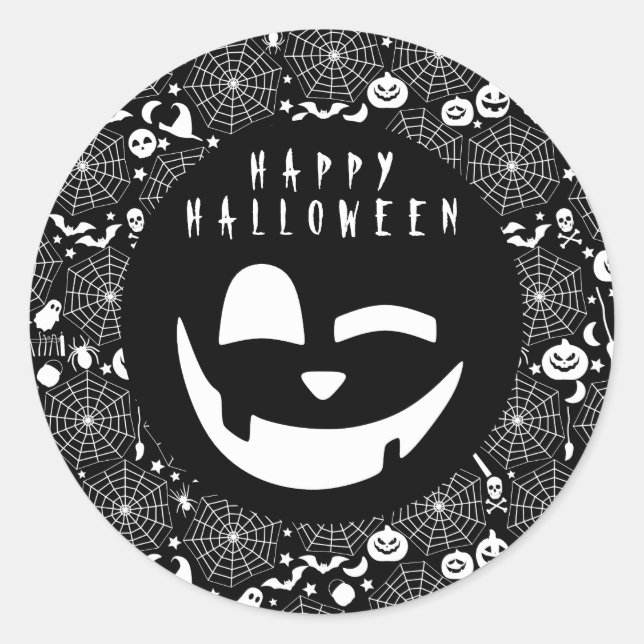 Pegatina Redonda Halloween Calabaza Negra y Blanca Face Feliz (Anverso)