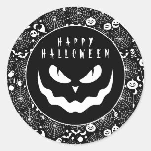 Pegatina Redonda Halloween Cara de calabaza blanca y negra