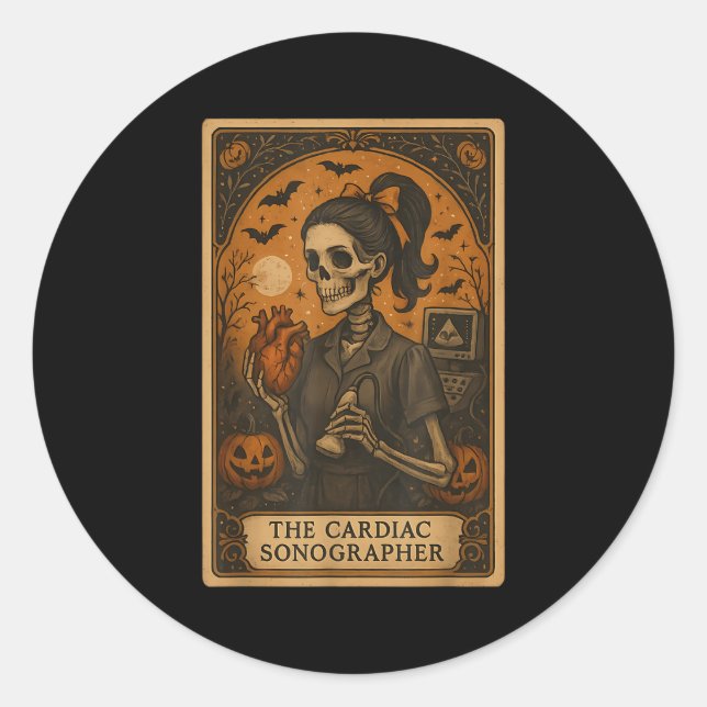 Pegatina Redonda Halloween Cardiac Sonographer Tarot Card Skeleton  (Anverso)