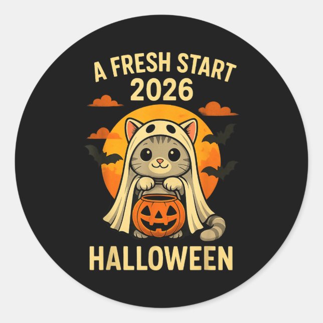 Pegatina Redonda Halloween Cat Ghost Graphic - Fresh Start 2026  (Anverso)