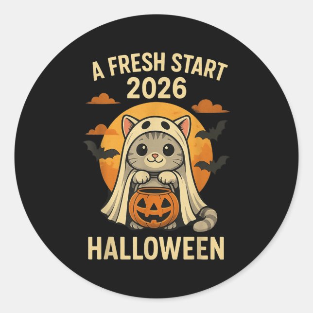 Pegatina Redonda Halloween Cat Ghost Graphic - Fresh Start 2026  (Anverso)