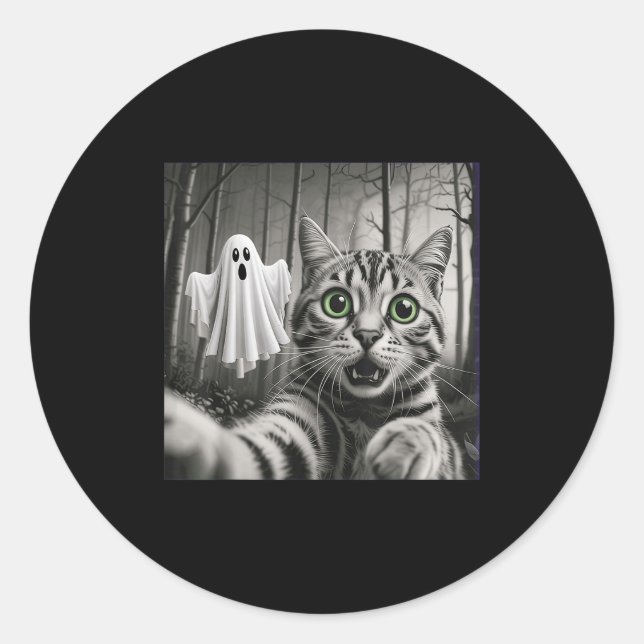 Pegatina Redonda Halloween Cat Selfie With Soky Ghost  (Anverso)