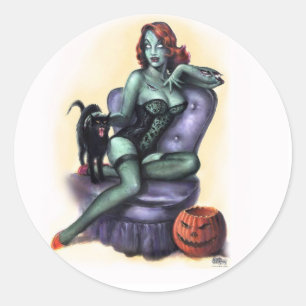 Pegatina Redonda Halloween Chica Zombie Pin Up
