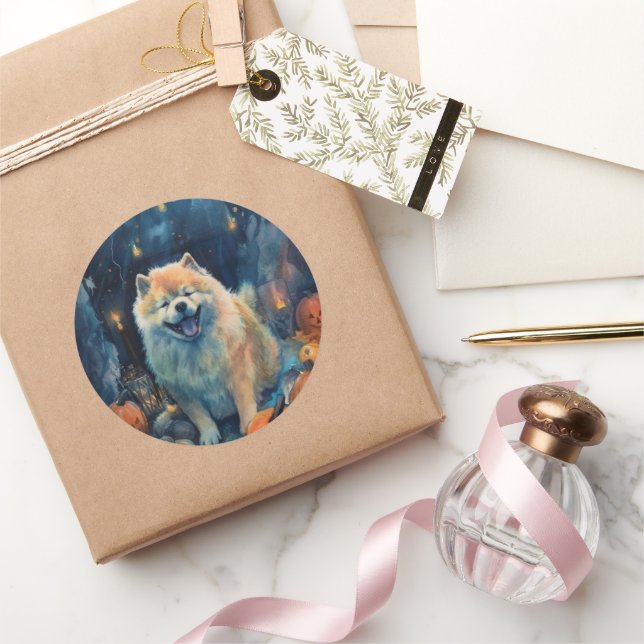 Pegatina Redonda Halloween Chow Chow Con Calabazas Asustadas (Regalar)