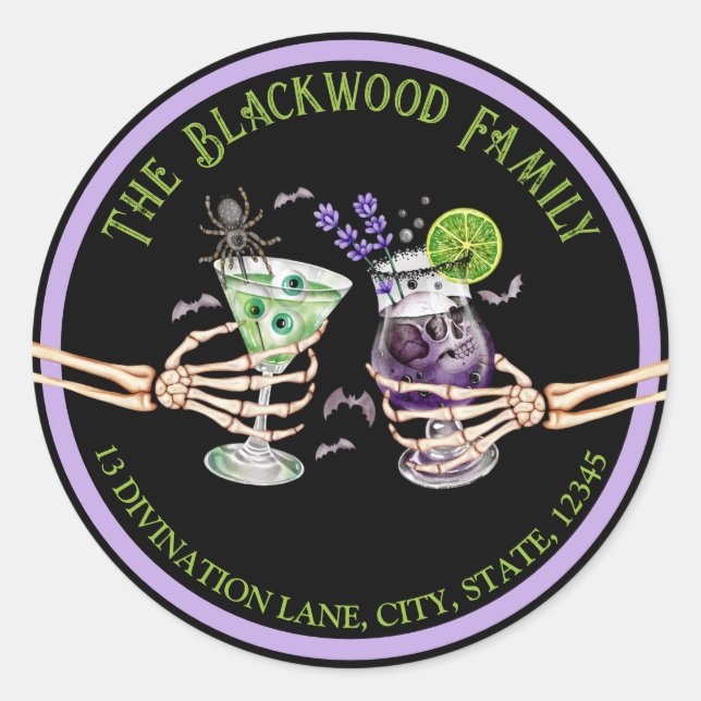 Pegatina Redonda Halloween Cocktails Saludos Dirección de Regreso (Anverso)