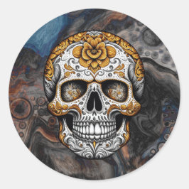 Pegatina Redonda Halloween con cráneo de azúcar Día de Muertos